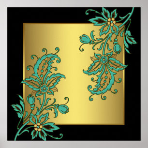 Schwarze elegante Floral-Wandkunst mit Gold Poster