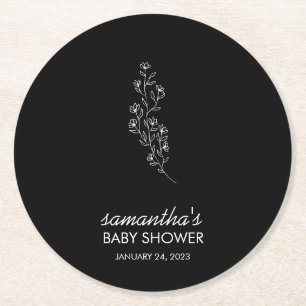 Schwarze elegante handgezeichnete Skizzenblume Runder Pappuntersetzer
