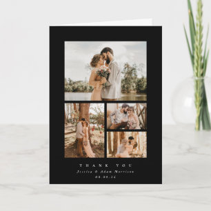 Schwarze elegante Minimal 4-Foto-Hochzeit Dankeskarte