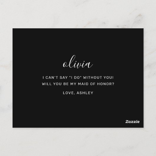 Schwarze Elegante Minimalistische Trauzeugin Vorsc Postkarte (Rückseite)