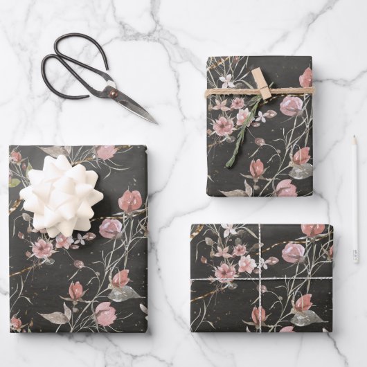 Schwarze Elegante Moderne Rose Geschenkpapier Set (Vorderseite)