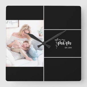 Schwarze elegante Mom Established Bogen-Add Foto Quadratische Wanduhr