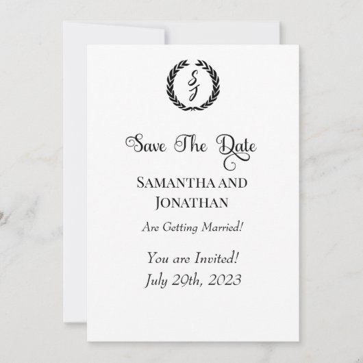 Schwarze Elegante Monogram-Kranz-Save the Date-Kar Einladung (Vorderseite)