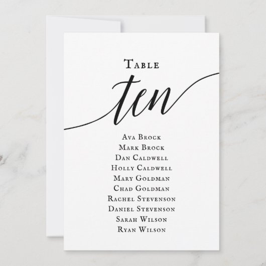 Schwarze, elegante Script-Tischnummer 10 Seating C Einladung (Rückseite)