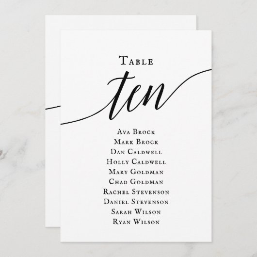 Schwarze, elegante Script-Tischnummer 10 Seating C Einladung (Vorne/Hinten)