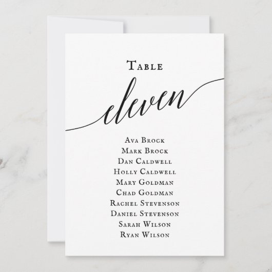Schwarze, elegante Script-Tischnummer 11 Seating C Einladung (Vorderseite)