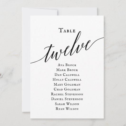 Schwarze, elegante Script-Tischnummer 12 Seating C Einladung (Vorderseite)