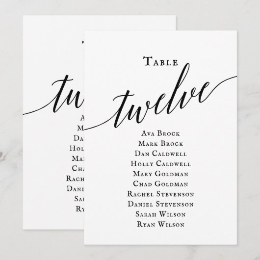 Schwarze, elegante Script-Tischnummer 12 Seating C Einladung (Vorne/Hinten)