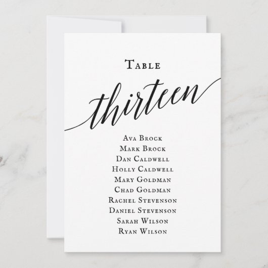 Schwarze, elegante Script-Tischnummer 13 Seating C Einladung (Vorderseite)