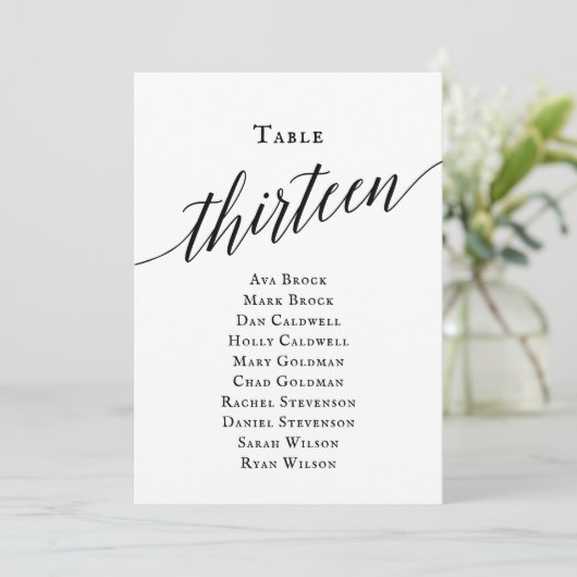 Schwarze, elegante Script-Tischnummer 13 Seating C Einladung (Stehend Vorderseite)