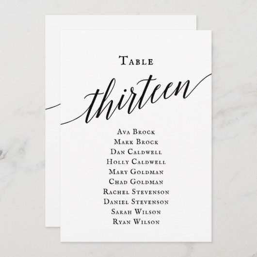 Schwarze, elegante Script-Tischnummer 13 Seating C Einladung (Vorne/Hinten)