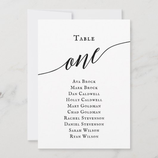 Schwarze, elegante Script-Tischnummer 1 Seating Ch Einladung (Vorderseite)