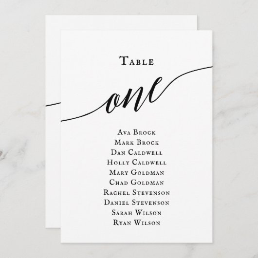 Schwarze, elegante Script-Tischnummer 1 Seating Ch Einladung (Vorne/Hinten)