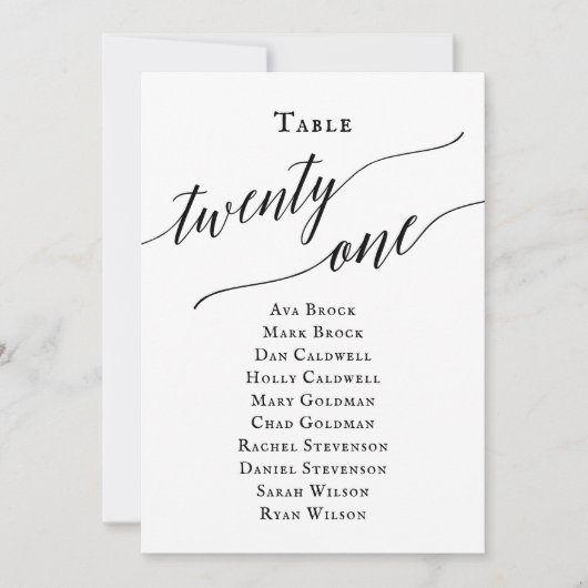 Schwarze, elegante Script-Tischnummer 21 Seating C Einladung (Vorderseite)