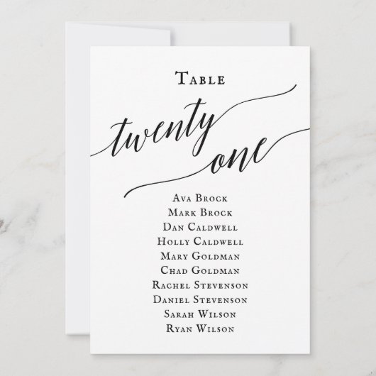 Schwarze, elegante Script-Tischnummer 21 Seating C Einladung (Rückseite)