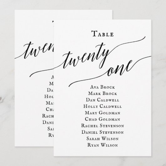 Schwarze, elegante Script-Tischnummer 21 Seating C Einladung (Vorne/Hinten)