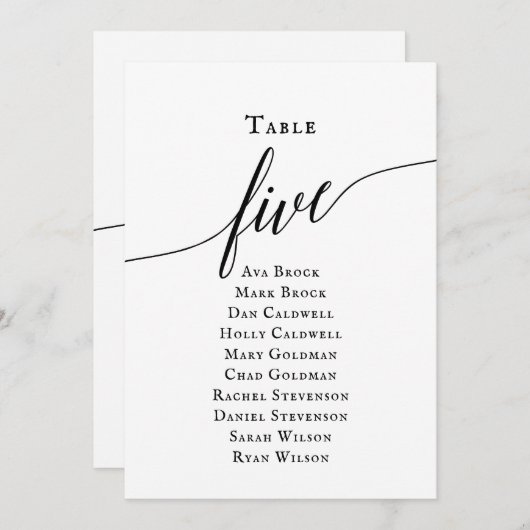 Schwarze, elegante Script-Tischnummer 5 Seating Ch Einladung (Vorne/Hinten)