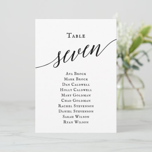 Schwarze, elegante Script-Tischnummer 7 Sitzungsta Einladung (Stehend Vorderseite)