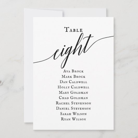 Schwarze, elegante Script-Tischnummer 8 Sitzungsta Einladung (Vorderseite)