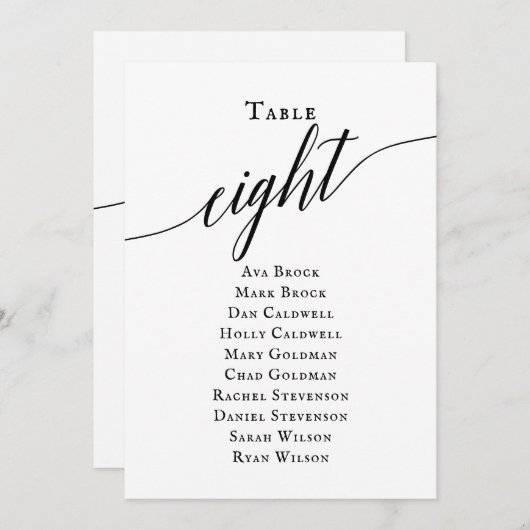 Schwarze, elegante Script-Tischnummer 8 Sitzungsta Einladung (Vorne/Hinten)
