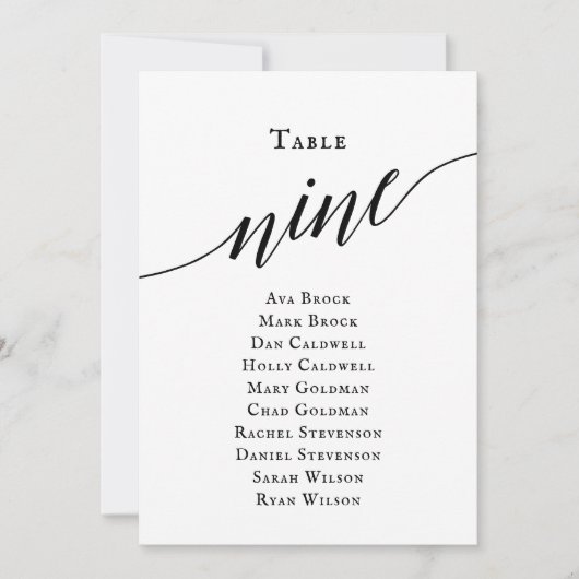 Schwarze, elegante Script-Tischnummer 9 Sitzungsta Einladung (Vorderseite)