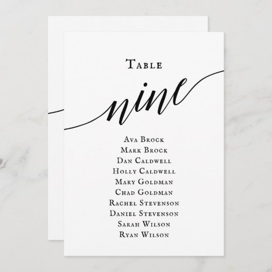 Schwarze, elegante Script-Tischnummer 9 Sitzungsta Einladung (Vorne/Hinten)