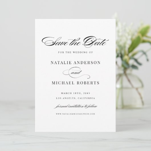 Schwarze Elegante Script Typografie Save The Date (Stehend Vorderseite)