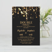 Schwarze, elegante und goldene Sterne Doppelgelenk Einladung (Stehend Vorderseite)