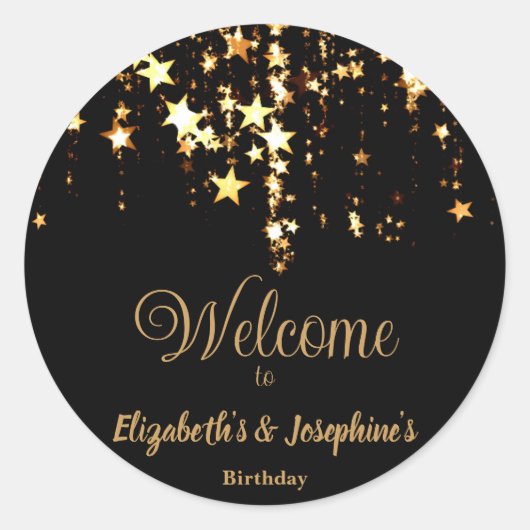 Schwarze, elegante und goldene Sterne Doppelgelenk Runder Aufkleber (Vorderseite)