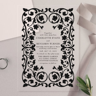 Schwarze elegante verzierte Blumenrahmen-Hochzeit Acryleinladungen