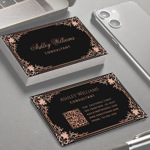 Schwarze elegante Vintage-Kalligrafie-QR-Code Visitenkarte