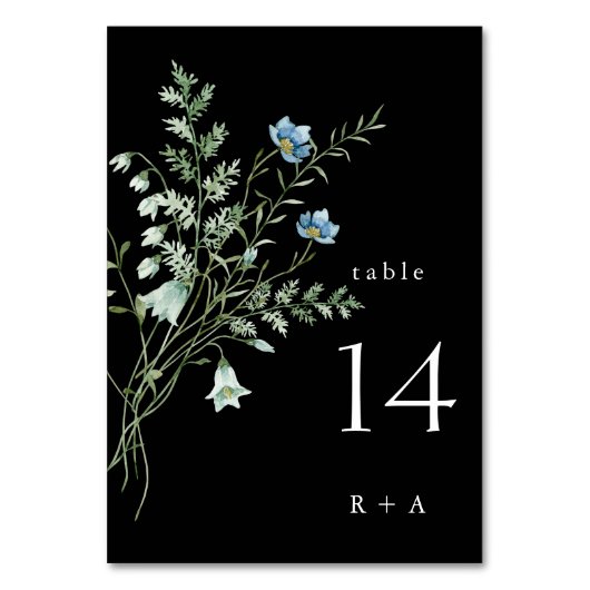 Schwarze Elegante Wasserfarben Wildblumen Hochzeit Tischnummer (Rückseite)
