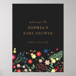 Schwarze elegante Wildblumen-Baby-Shower-Willkomme Poster