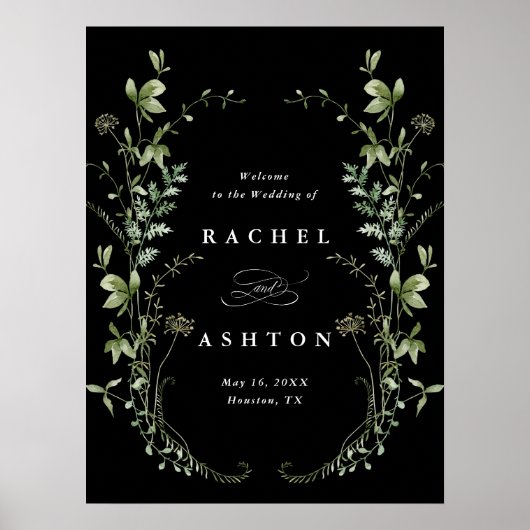 Schwarze Elegante Wildblumen Begrüßungszeichen Poster (Vorne)