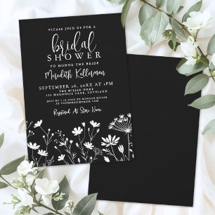 Schwarze elegante Wildblumen-Brautparty Einladung