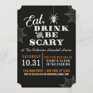 Schwarze Essen Trinken und Sei Gruselig Halloween- Einladung