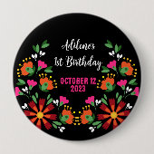 Schwarze ethnische Blume Fiesta mexikanische Stick Button (Vorderseite)