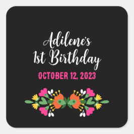 Schwarze ethnische Blume Fiesta mexikanische Stick Quadratischer Aufkleber