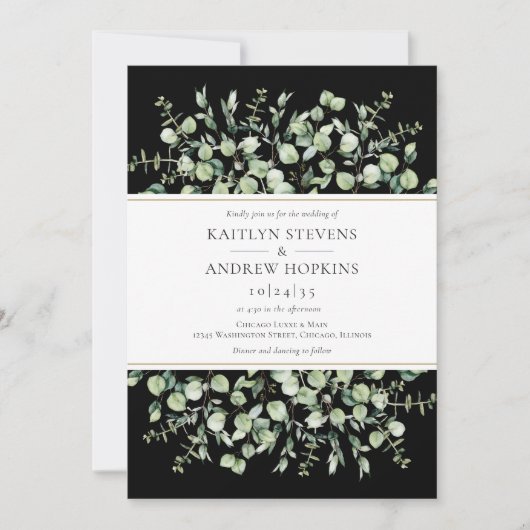 Schwarze Eukalyptus-Hochzeit Einladung (Vorderseite)