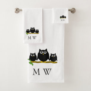 Schwarze Eulen Design-Monogramm Badhandtuch Set