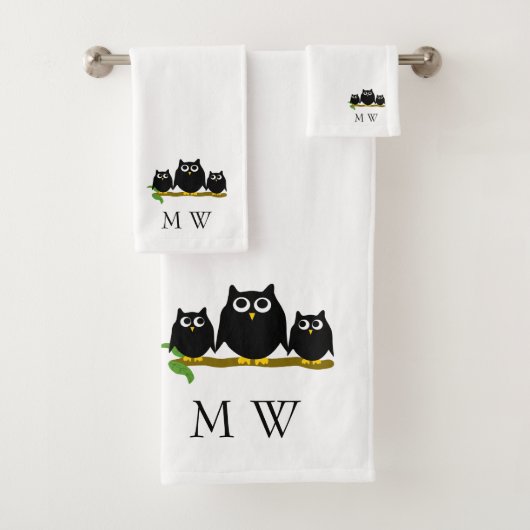 Schwarze Eulen Design-Monogramm Badhandtuch Set (Insitu)
