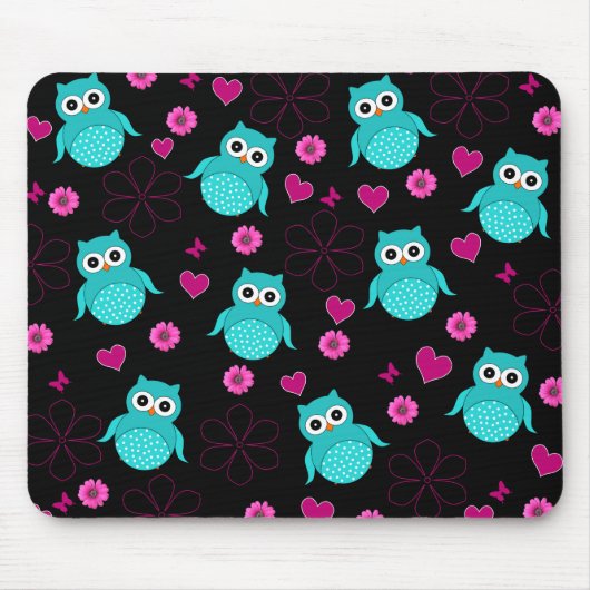 Schwarze Eulenmusterrosa-Herz-Blumen Mousepad (Vorne)