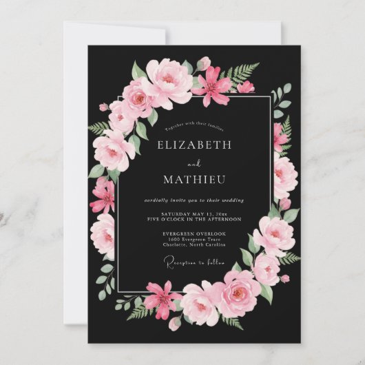 Schwarze exquisite Rosenhochzeit Einladung (Vorderseite)