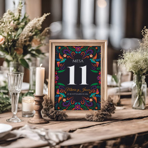 Schwarze farbenfrohe Blumen-Hochzeit Nuestra Boda Tischnummer