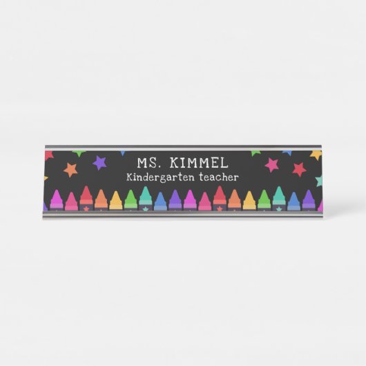 Schwarze farbige Crayons & Stars Lehrer Name Desk Schreibtischnamensplakette (Vorderseite )