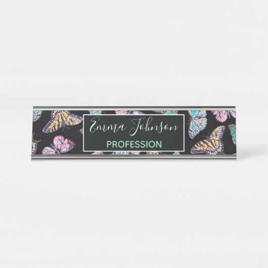 Schwarze farbige Wasserfarbenschmetterlinge Schreibtischnamensplakette (Vorderseite )