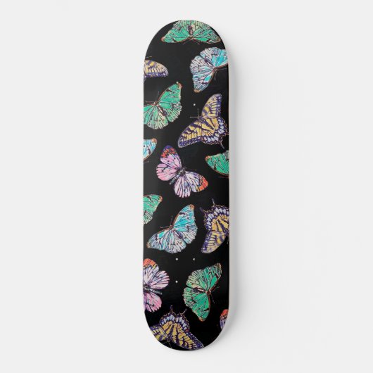 Schwarze farbige Wasserfarbenschmetterlinge Skateboard (Vorderseite)