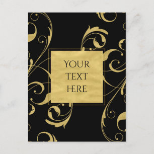 Schwarze & Faux-Gold-Blumen-Swirbel Elegante Hochz Postkarte