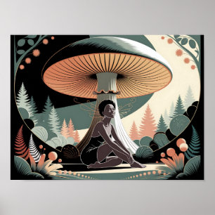 Schwarze Feenfrau unter riesigem Pilz Cottagecore Poster