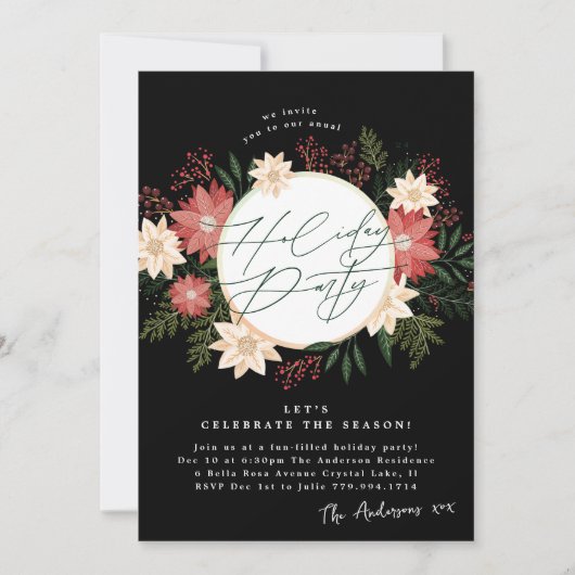 Schwarze Feierliche Weihnachtsfeier Poinsettia Fei Einladung (Vorderseite)